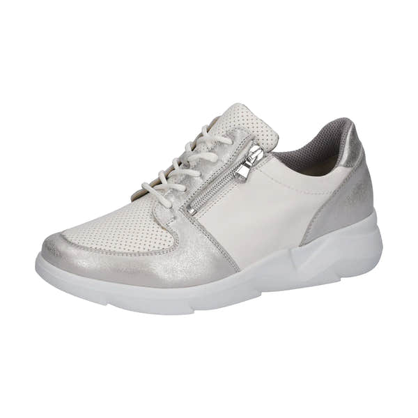 Waldlaufer women's wide fit silver and white leather trainers with arch support, zip and lace closure, stylish sporty design.
