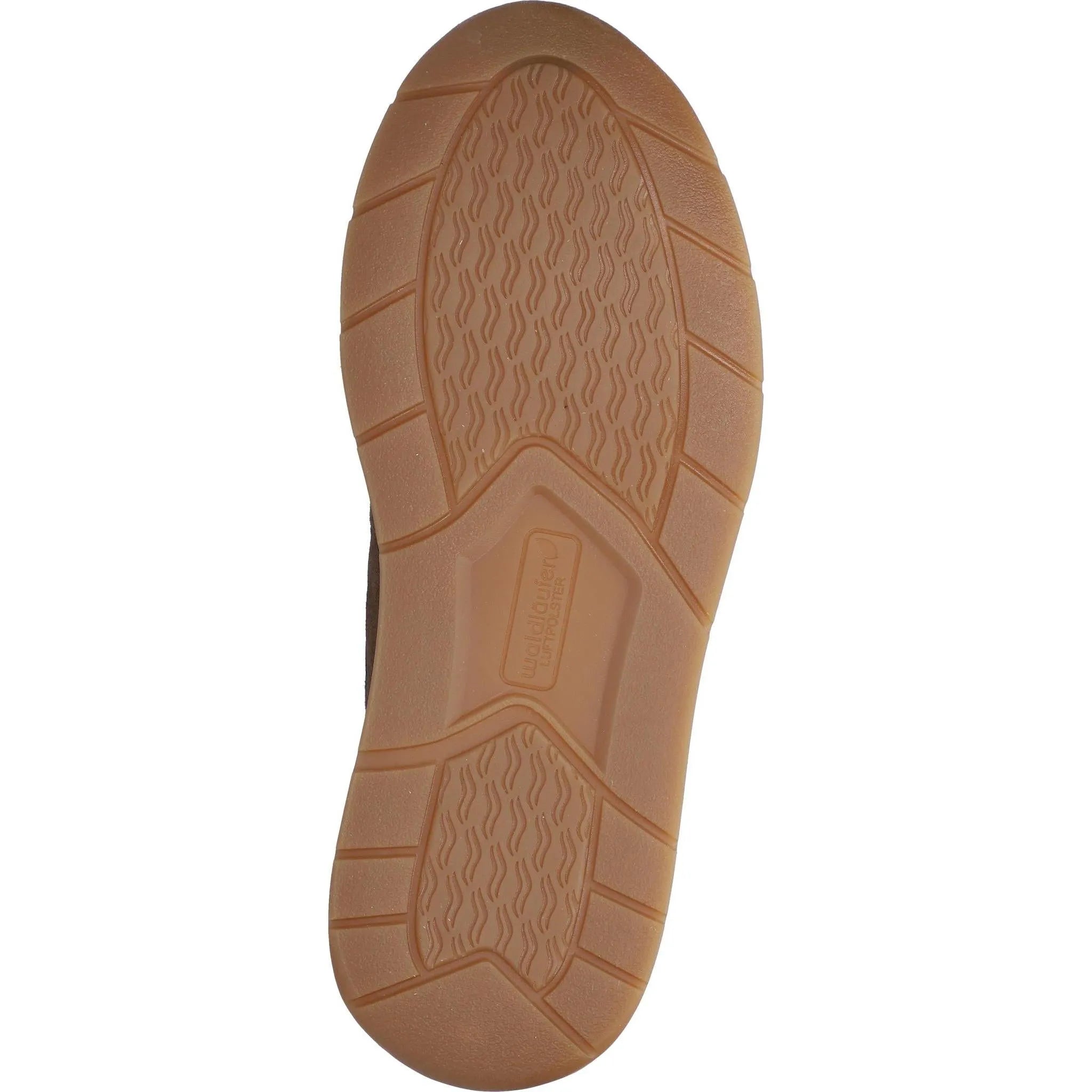 Waldlaufer men's wide brown nubuck arch support shoes with zip and lace, rubber outsole, and textured tread for comfort.