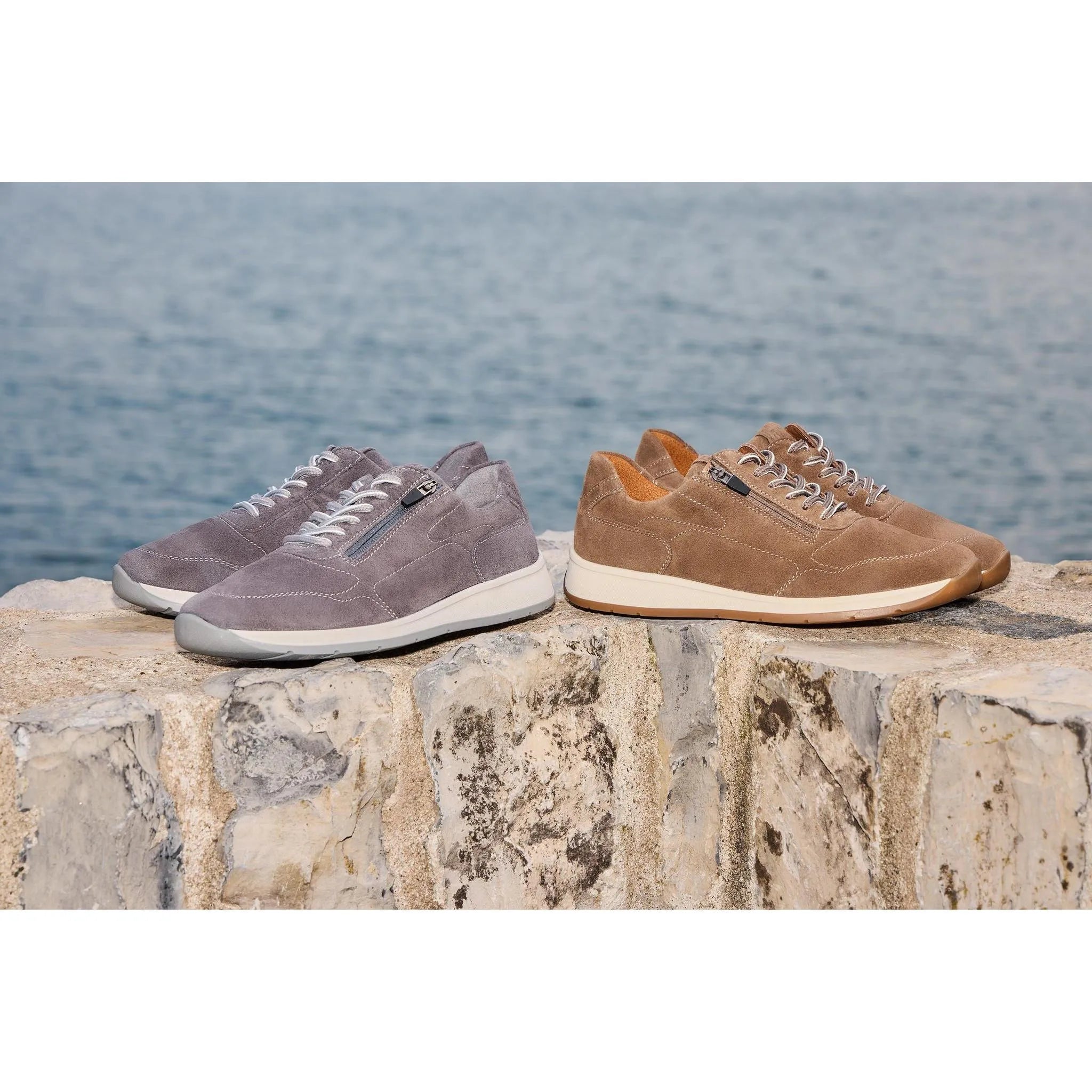 Waldlaufer 686001 195 135 K-Kilian men's wide brown nubuck shoes with arch support, zip and lace closure, on a rocky shore backdrop.