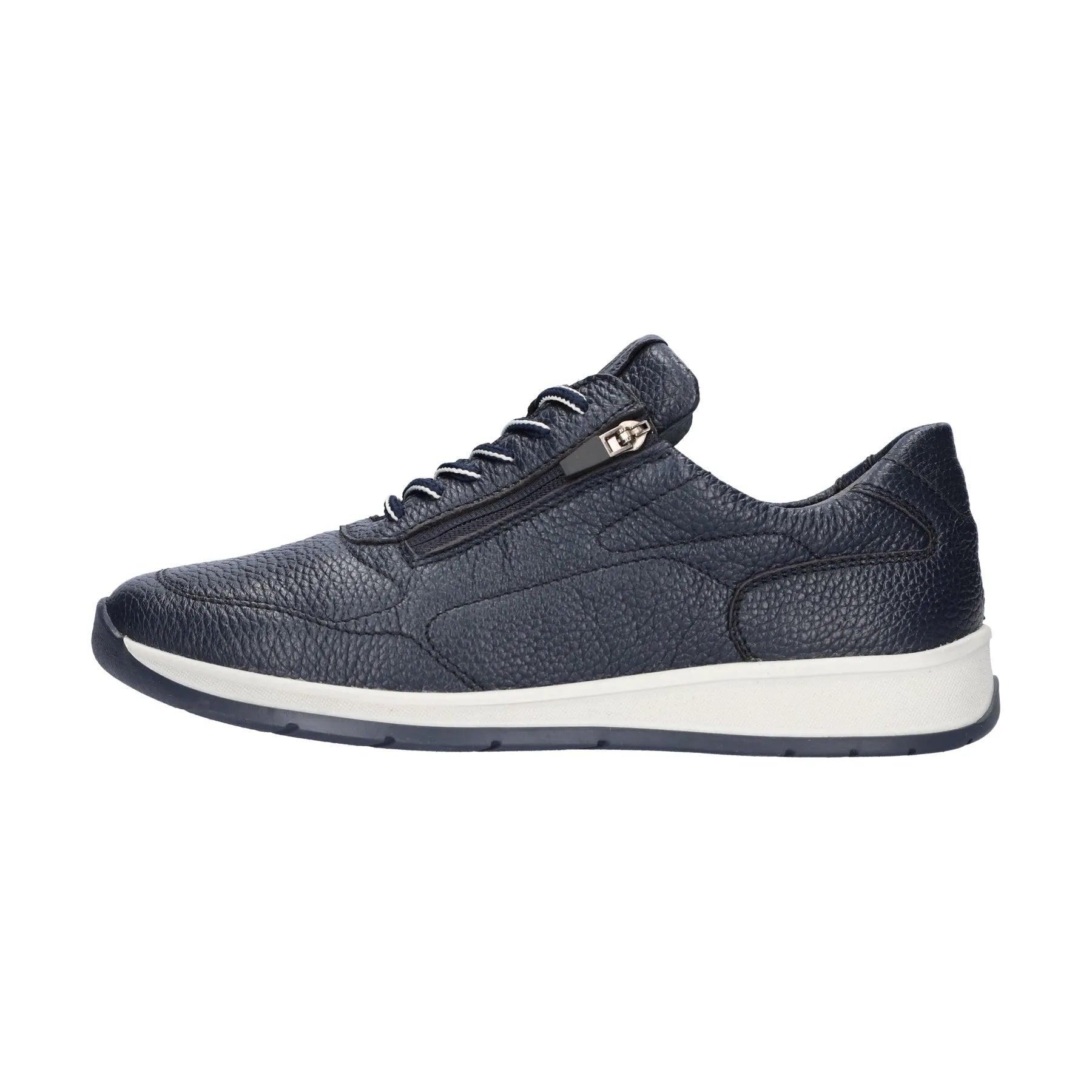 Waldlaufer K-Kilian men's wide navy grained leather shoes with arch support, zipper and lace closure, casual sneaker style.