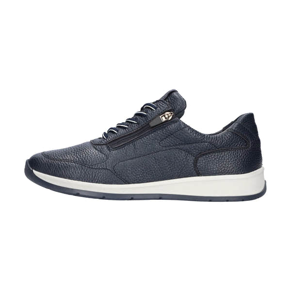 Waldlaufer K-Kilian men's wide navy grained leather shoes with arch support, zipper and lace closure, casual sneaker style.