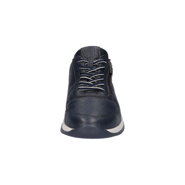 Waldlaufer men's navy slip-on sneaker with textured leather, lace-up top, arch support, and white sole.