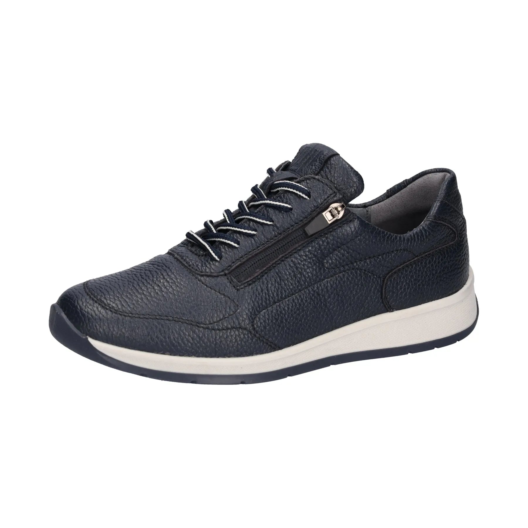 Men's navy textured leather casual sneakers with zip and lace closure, athletic sole, arch support, and comfort features.