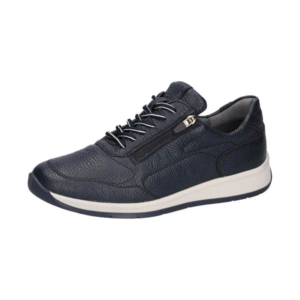 Men's navy textured leather casual sneakers with zip and lace closure, athletic sole, arch support, and comfort features.
