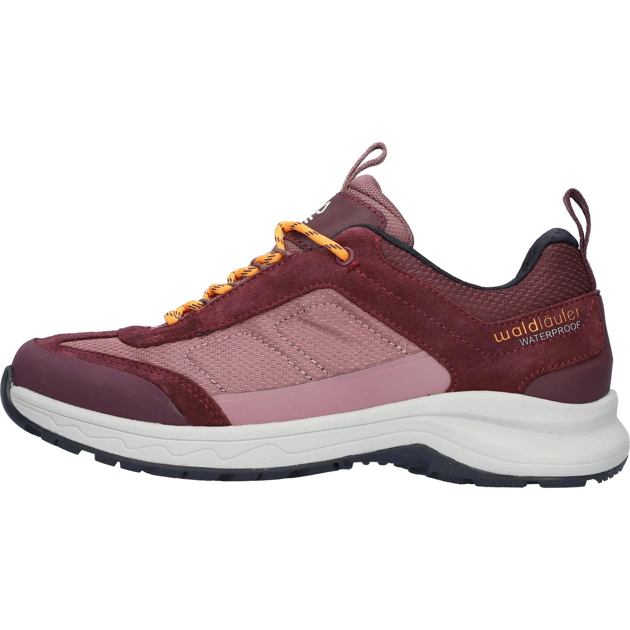 Waldlaufer 709951 100 173 H-Freya women's waterproof leather and textile lace-up shoes in burgundy with orange laces and cushioned sole.