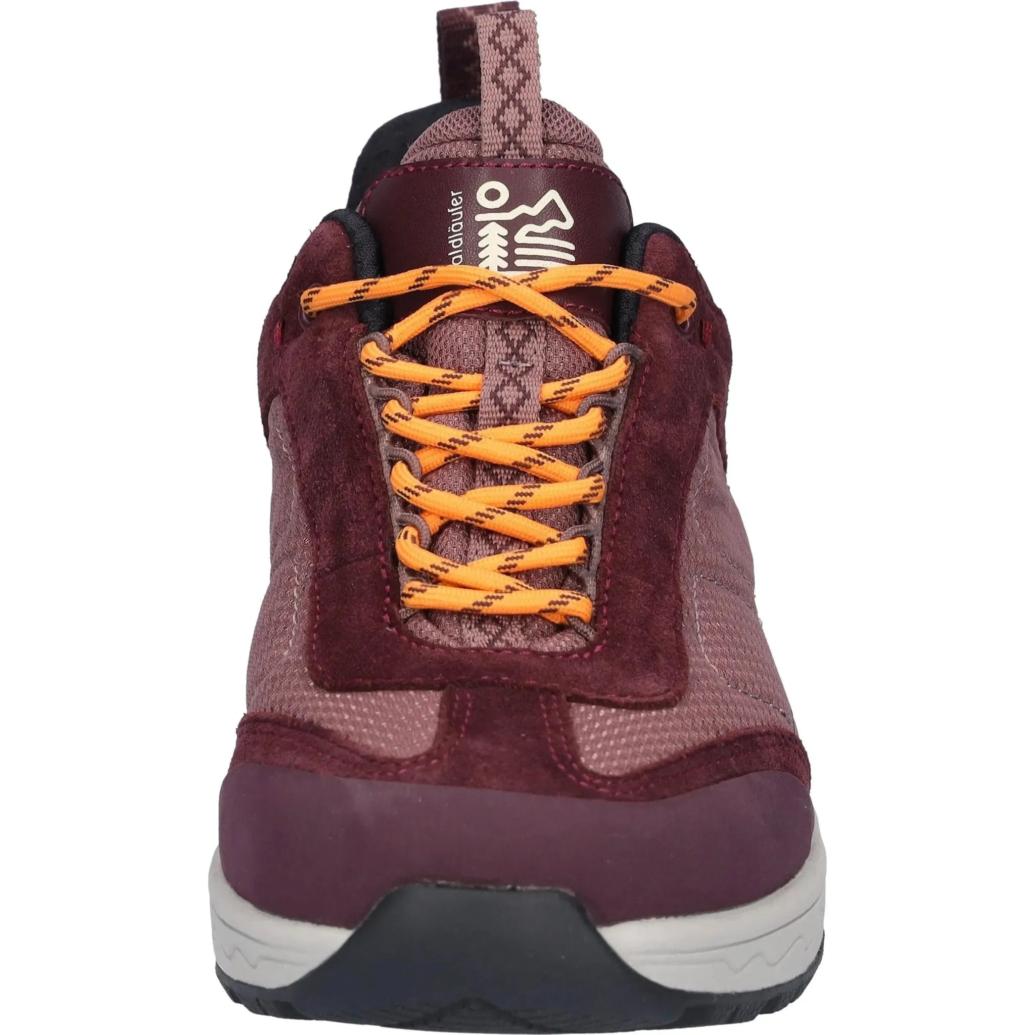 Leather and textile women's waterproof lace-up shoes with orange and black laces, burgundy accents, and white rubber sole.