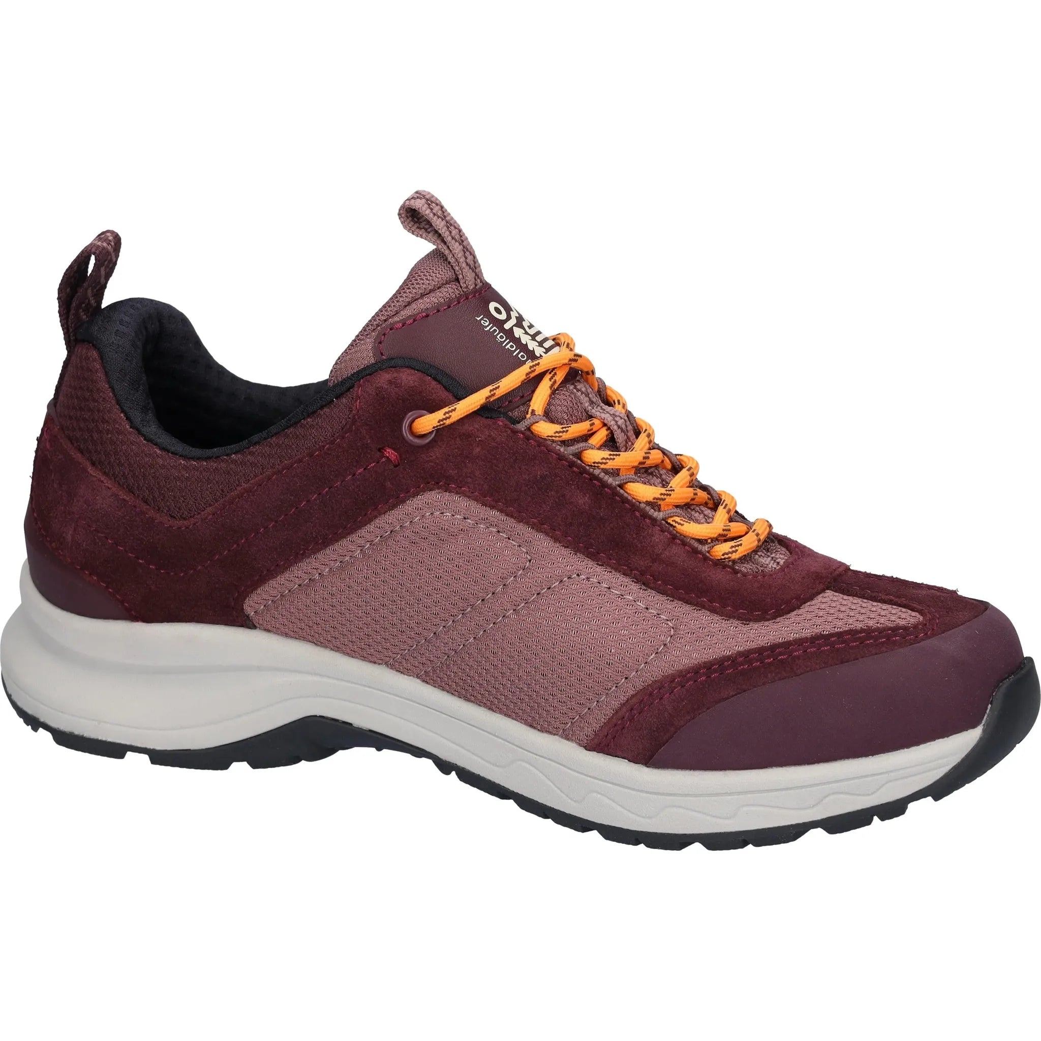 Alt text: Women's burgundy waterproof hiking shoe with orange laces, leather and textile upper, cushioned collar, and rugged outsole.