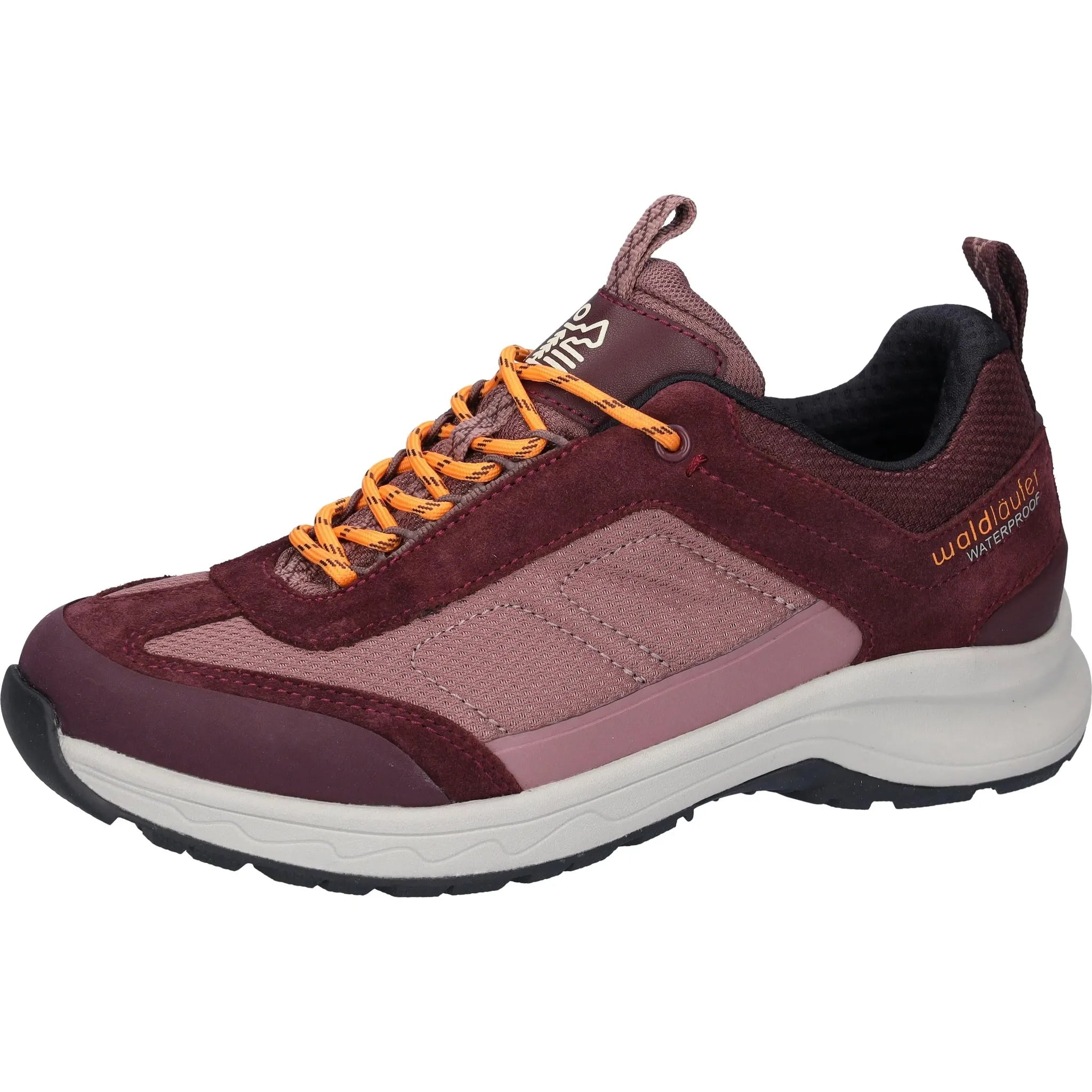 Waldlaufer H-Freya women's waterproof lace-up shoes in burgundy with textile and leather upper, orange laces, cushioned collar, and durable sole.