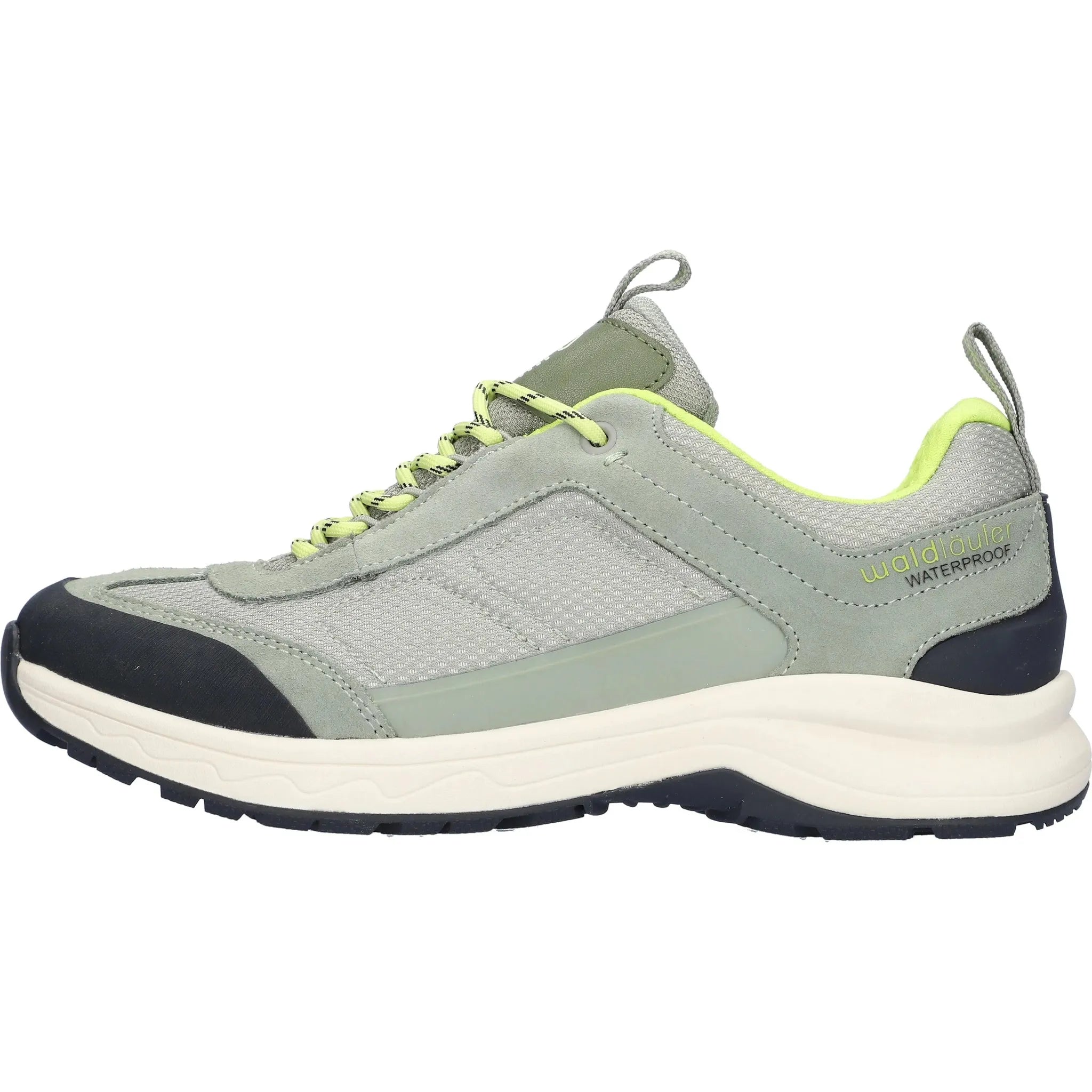 Waldlaufer waterproof ladies' sneakers with light gray leather and textile upper, neon yellow accents, and durable rubber outsole.