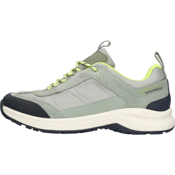 Waldlaufer waterproof ladies' sneakers with light gray leather and textile upper, neon yellow accents, and durable rubber outsole.