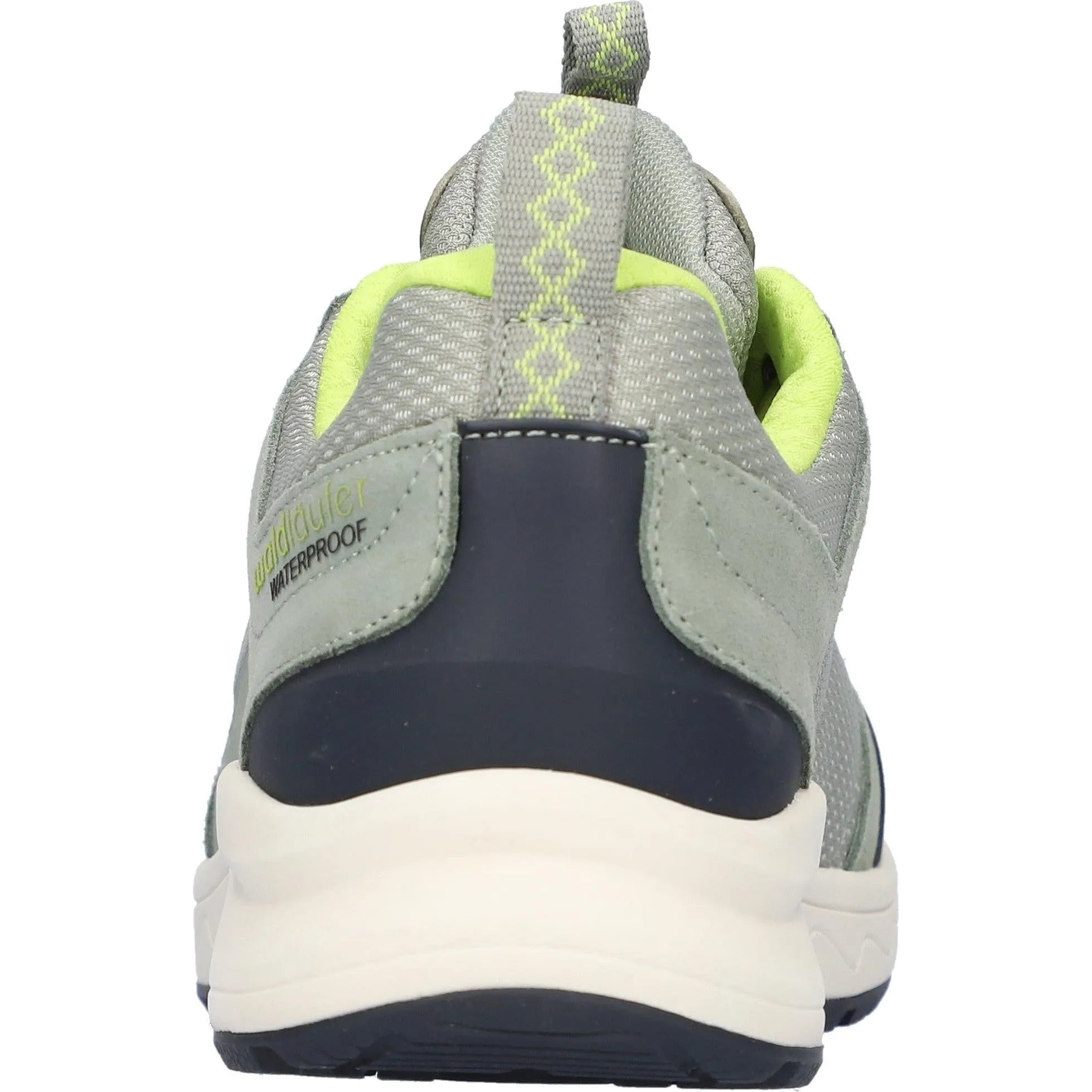 Yellow and gray Waldlaufer waterproof hiking shoes with leather and textile upper, lace-up closure, and chunky sole.