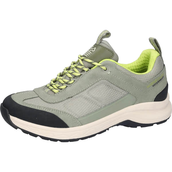 Alt text: Women's waterproof green leather and textile lace-up shoes with cushioned interior and chunky sole, stylish and water-resistant.