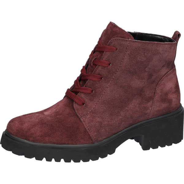 Waldlaufer H-Luise women's wide fit ankle boots in Bordeaux red suede with lace-up and zip closure, chunky black sole, and arch support.