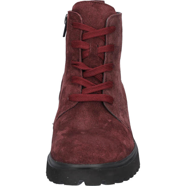 Waldlaufer H-Luise ladies wide-fit ankle boots in Bordeaux red suede with lace and zip closure, arch support, and rugged outsole.
