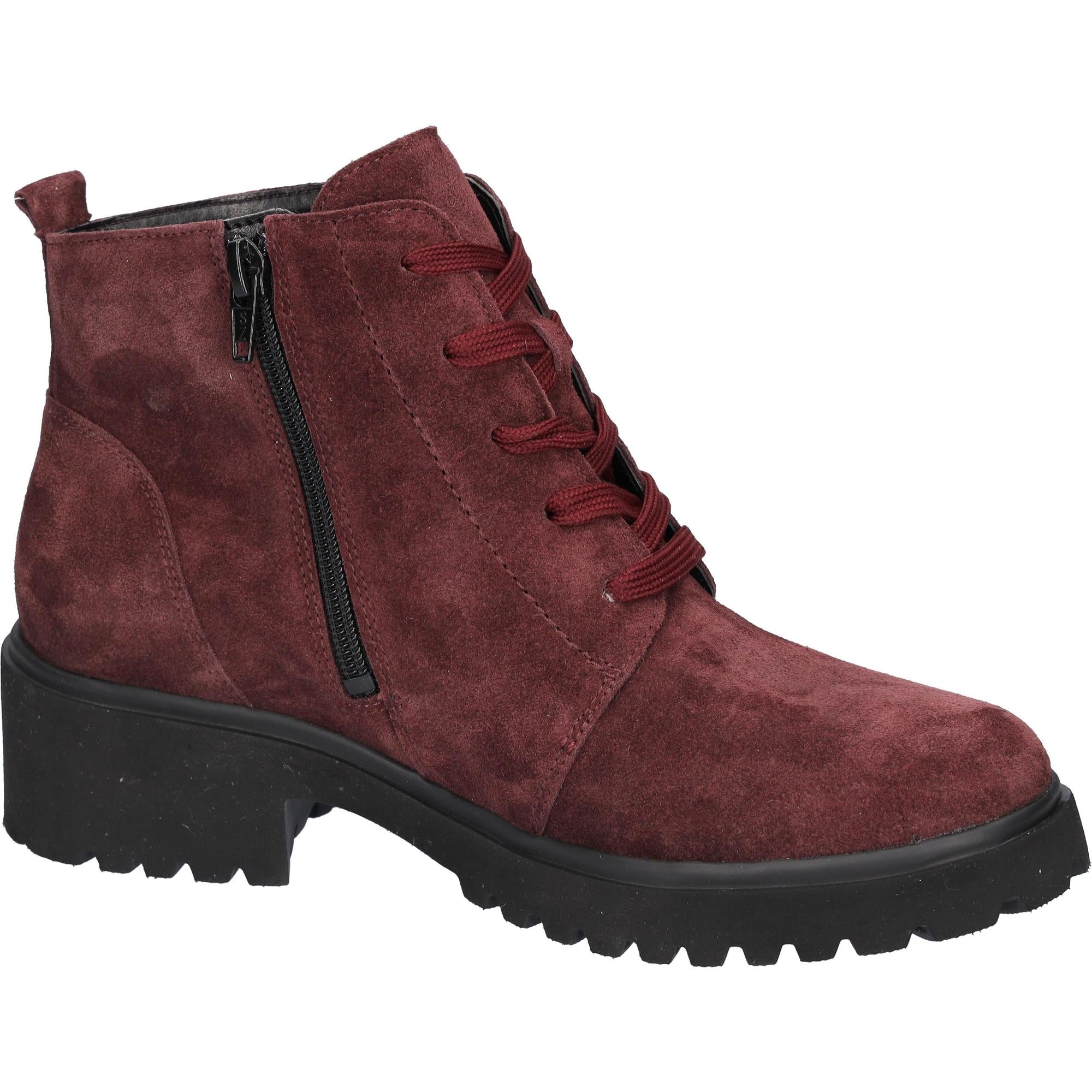 Waldlaufer H-Luise women's wide fit ankle boots in Bordeaux red suede with lace-up front, zip side, and cushioned sole.