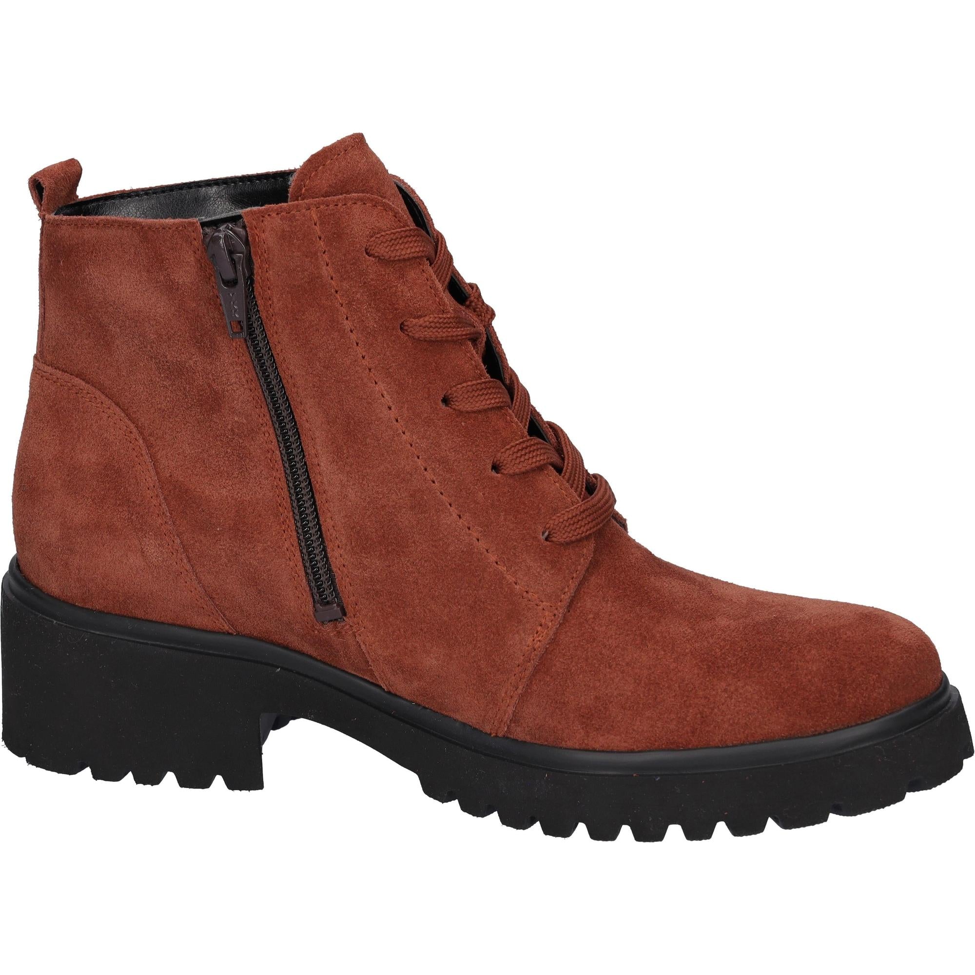 Waldlaufer 716807 195 057 H-Luise women's wide fit rust suede ankle boots with lace-up front and side zipper, arch support, and chunky black sole.