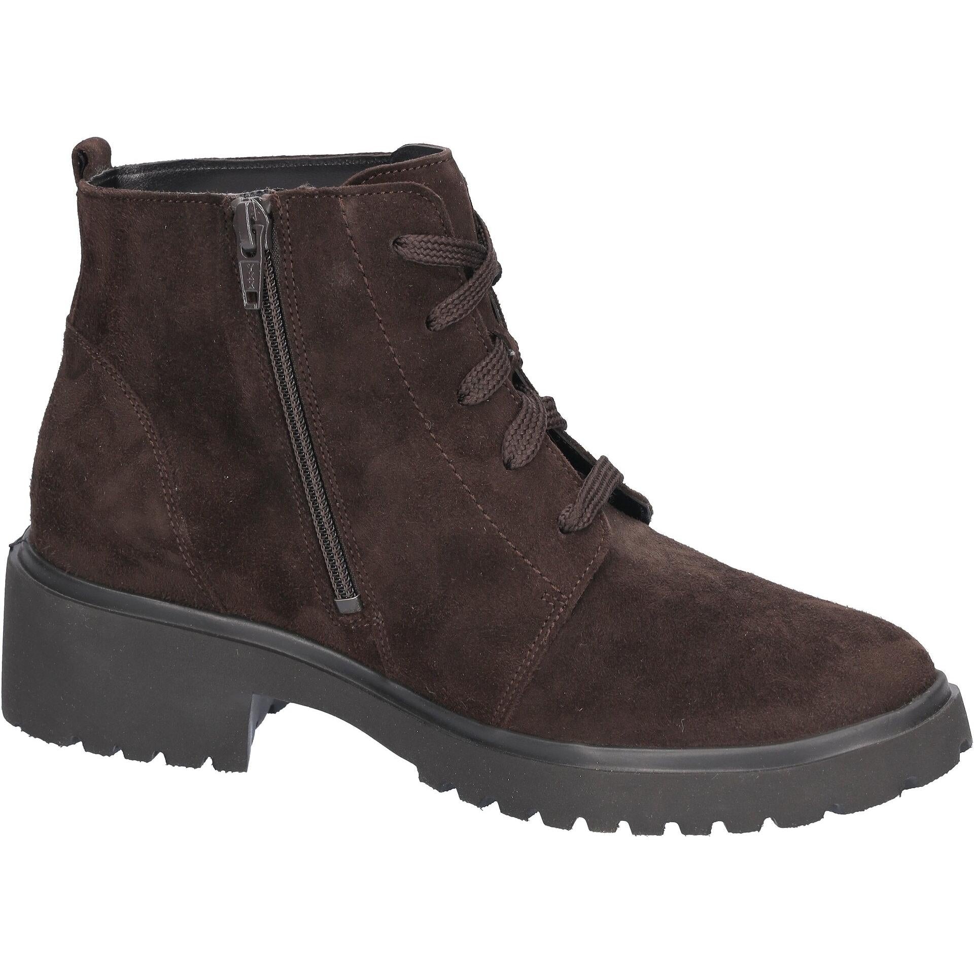 Waldlaufer 716807 902 216 H-Luise women's Wide Brown Suede Arch Support Zip & Lace Ankle Boots, rear three-quarter view.