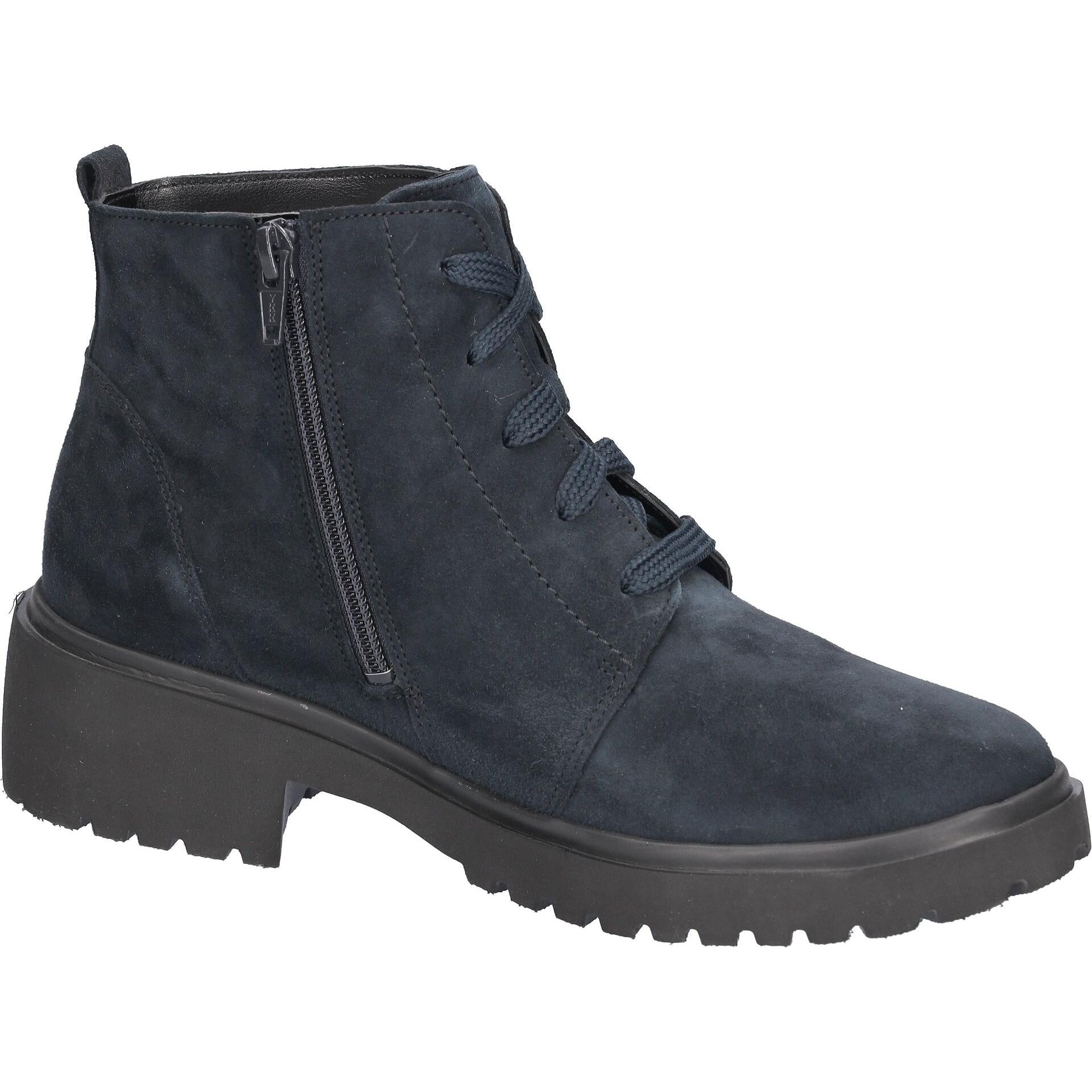 Waldlaufer 716807 904 262 H-Luise women's Wide Navy Blue Suede Arch Support Zip & Lace Ankle Boots, rear three-quarter view.
