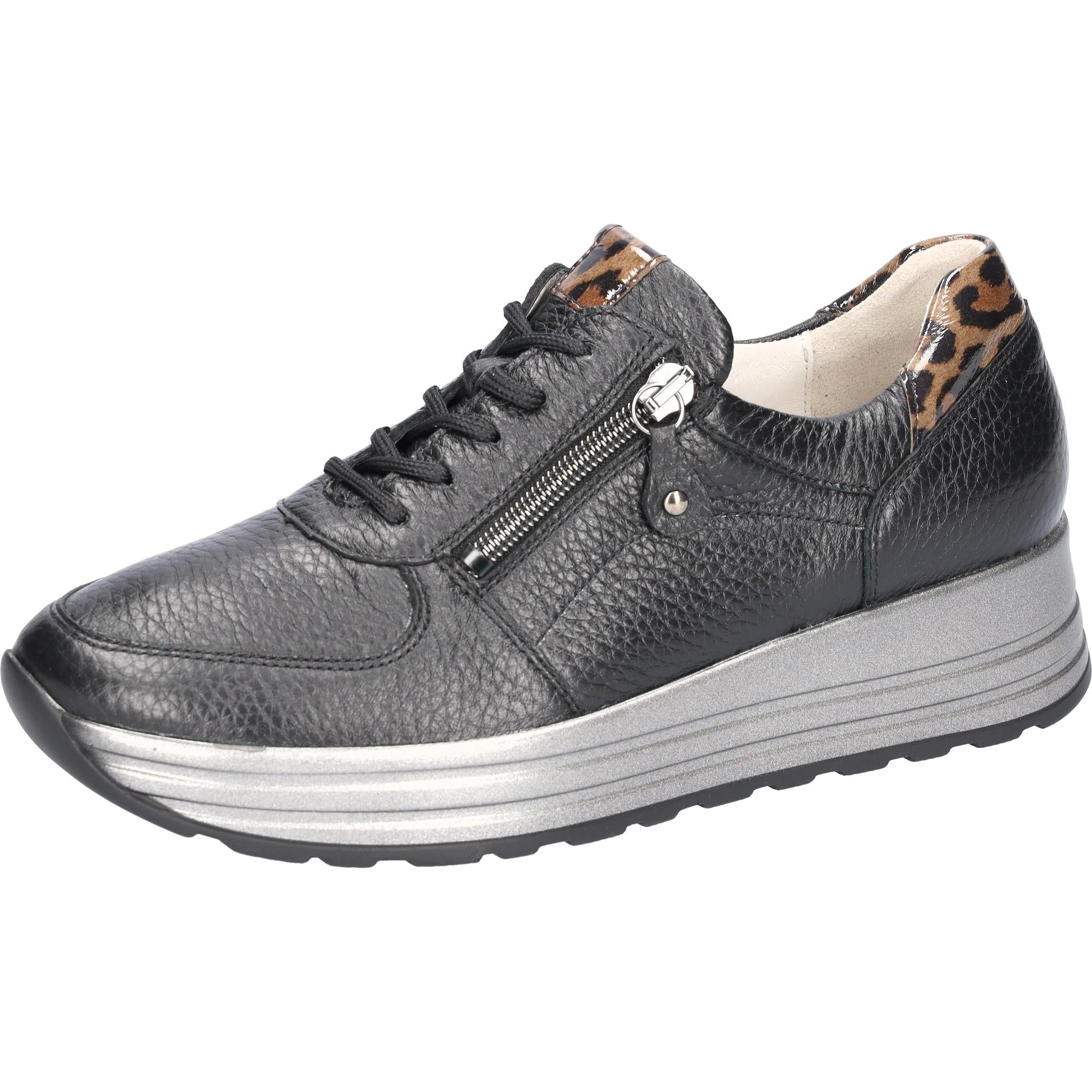 Waldlaufer Women's H-Lana Black Leather Sneakers with Zip & Lace, arch support, wide fit, and leopard print accents.
