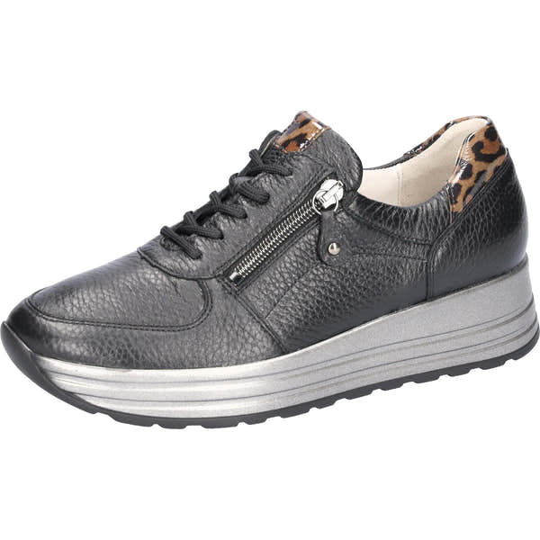 Waldlaufer Women's H-Lana Black Leather Sneakers with Zip & Lace, arch support, wide fit, and leopard print accents.
