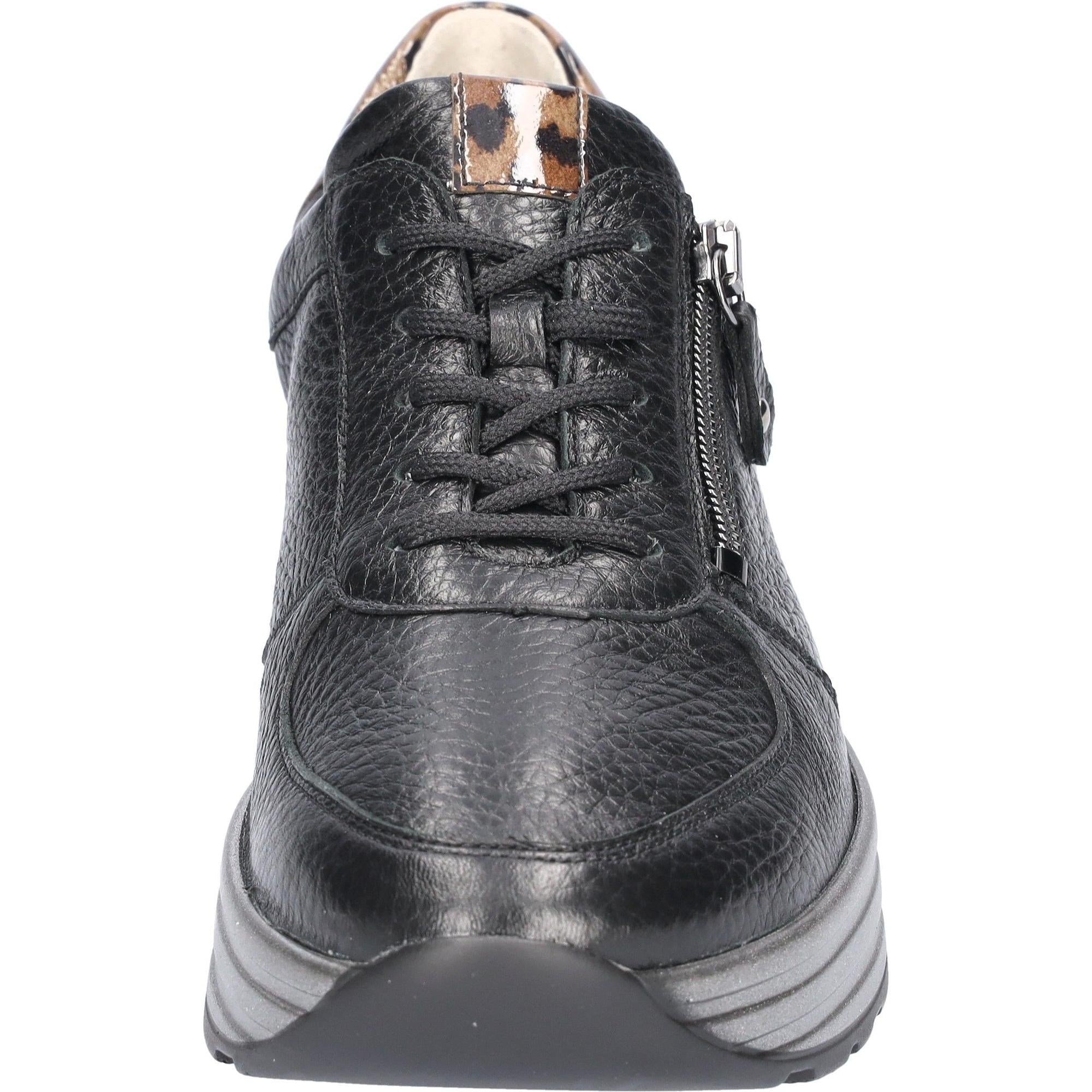 Waldlaufer 758009 203 642 H-Lana women's wide-fit black leather zip and lace athletic shoes with arch support.