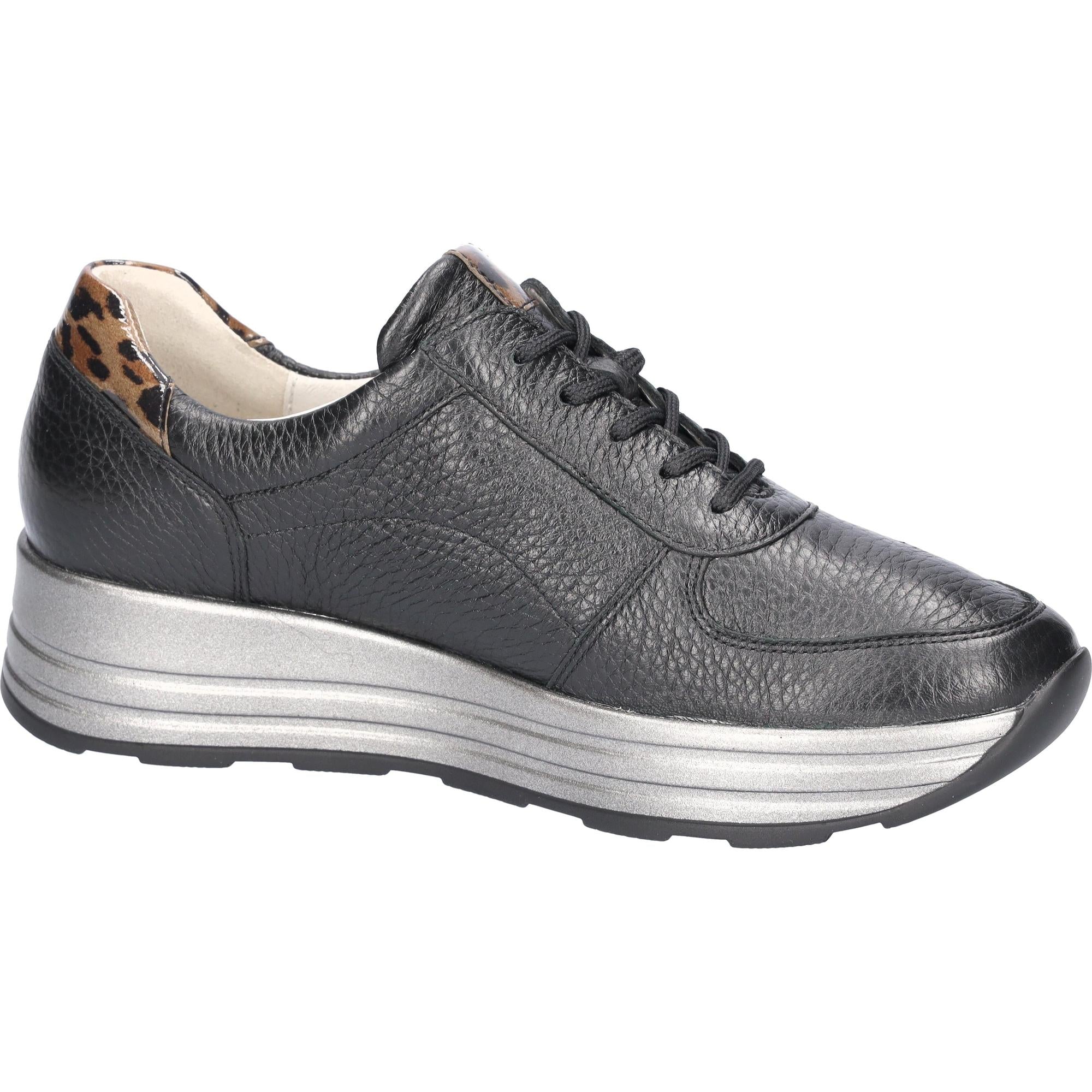 Waldlaufer H-Lana women's wide black leather casual shoes with arch support, zip and lace closure, and leopard print accents.