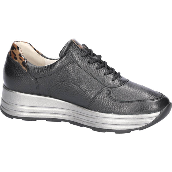 Waldlaufer H-Lana women's wide black leather casual shoes with arch support, zip and lace closure, and leopard print accents.