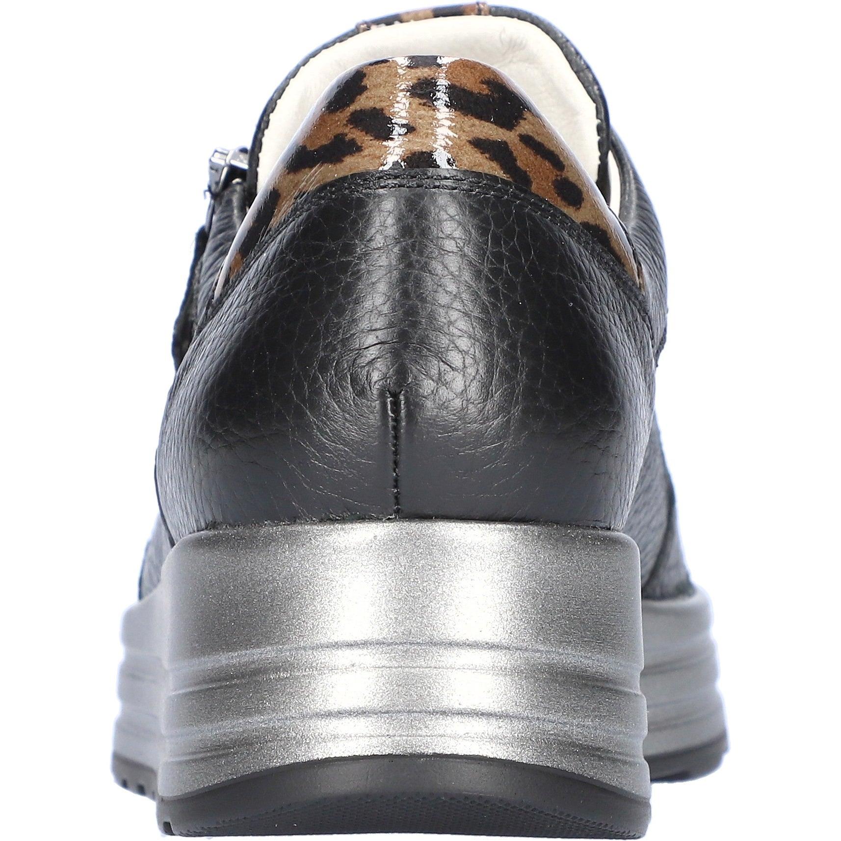 Waldlaufer H-Lana women's wide-fit black and leopard print leather sneakers with arch support, zip and lace fastening.