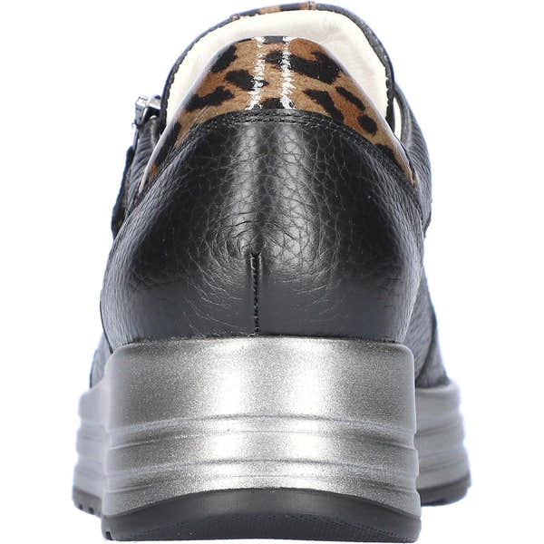 Waldlaufer H-Lana women's wide-fit black and leopard print leather sneakers with arch support, zip and lace fastening.