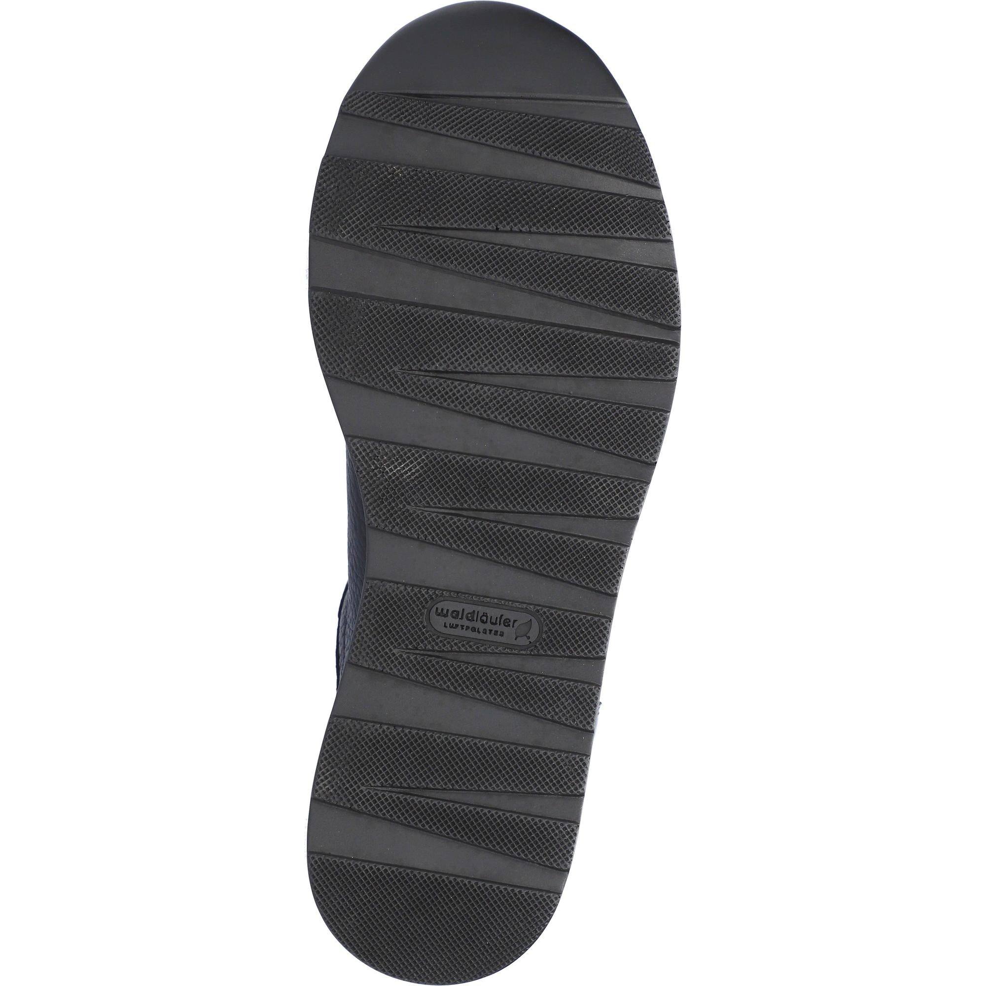 Waldlaufer H-Lana women's wide black leather arch support zip and lace shoes, rubber outsole with textured grip pattern.