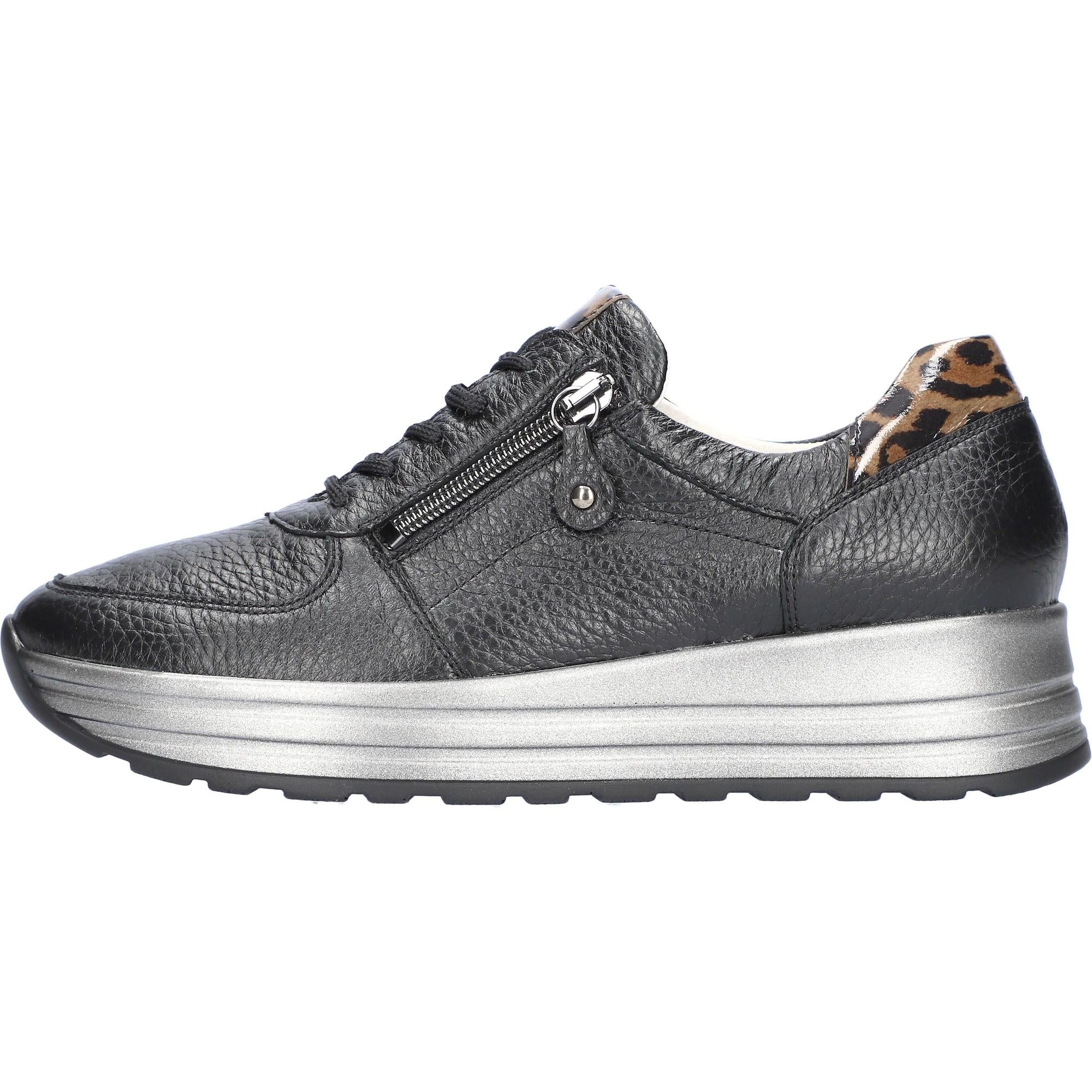 Waldlaufer women's wide fit black leather arch support sneakers with zip and lace, featuring a leopard print accent.