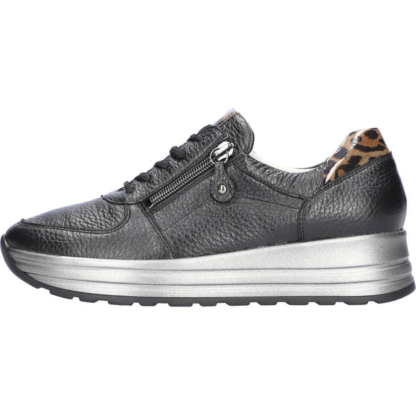 Waldlaufer women's wide fit black leather arch support sneakers with zip and lace, featuring a leopard print accent.
