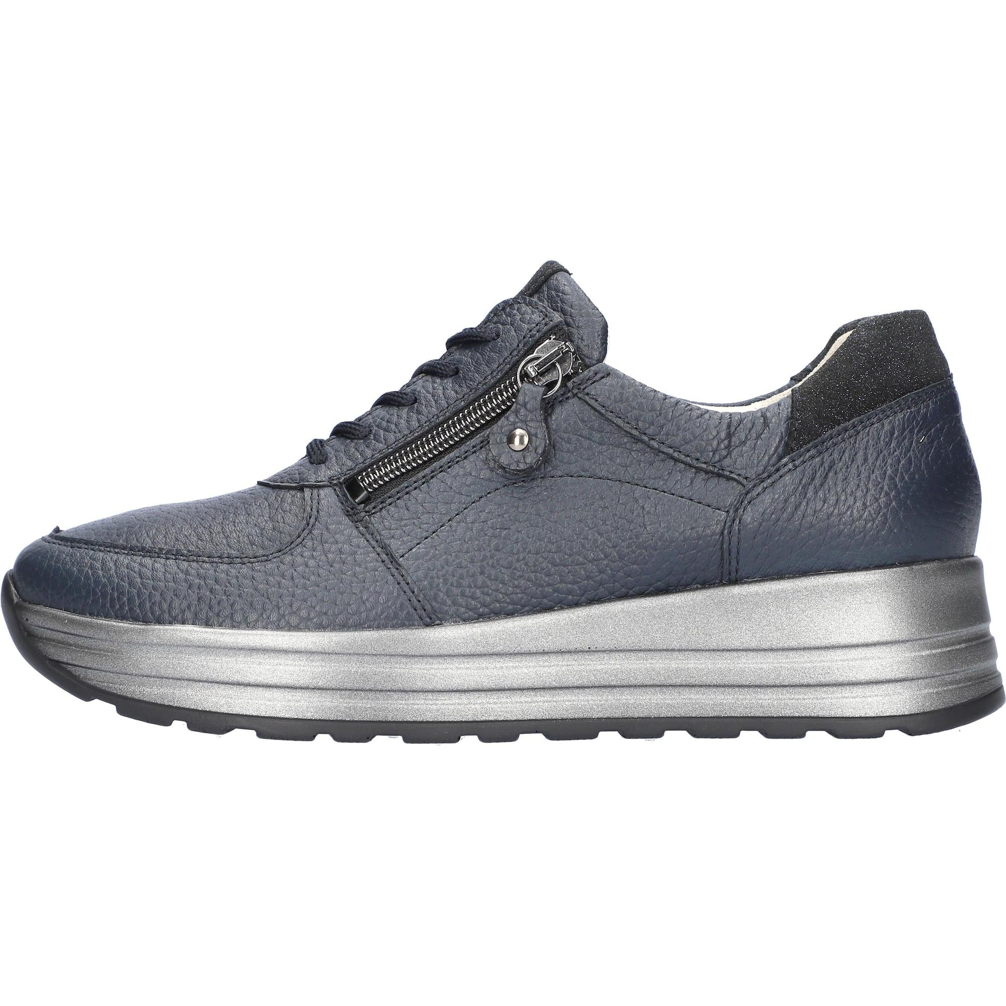 Waldlaufer 758009 204 194 H-Lana women's wide navy leather arch support sneakers with zip & lace closure.