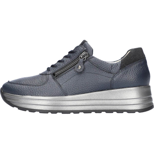 Waldlaufer 758009 204 194 H-Lana women's wide navy leather arch support sneakers with zip & lace closure.