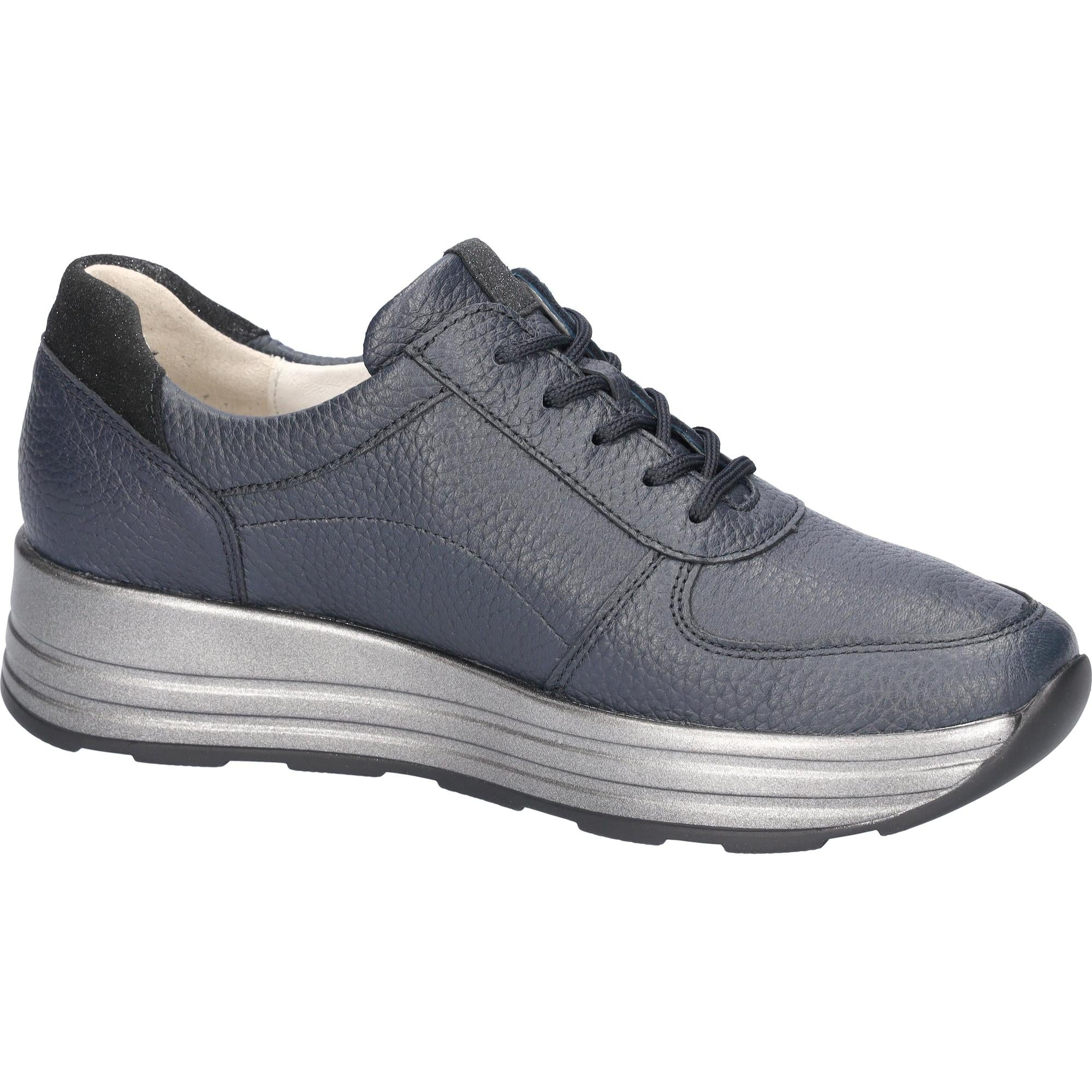 Waldlaufer women's wide navy leather arch support zip and lace casual shoes with cushioned sole.