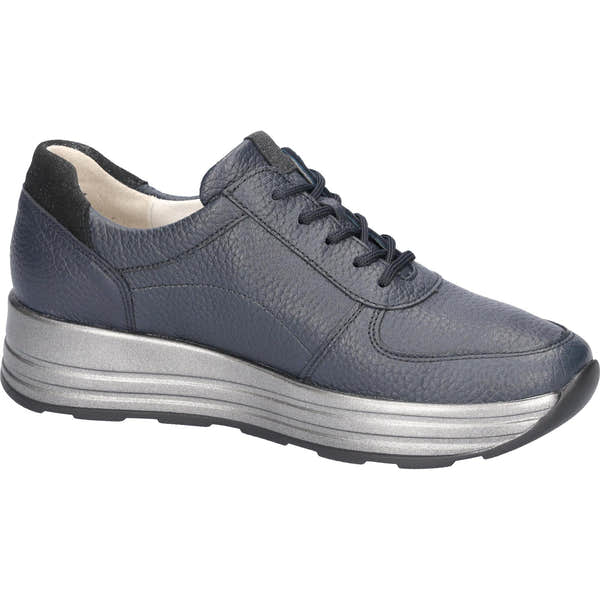 Waldlaufer women's wide navy leather arch support zip and lace casual shoes with cushioned sole.