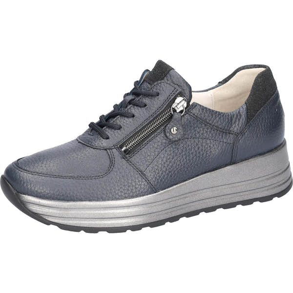 Waldlaufer 758009 204 194 H-Lana women's navy leather lace-up shoes with side zipper, arch support, and cushioned sole.
