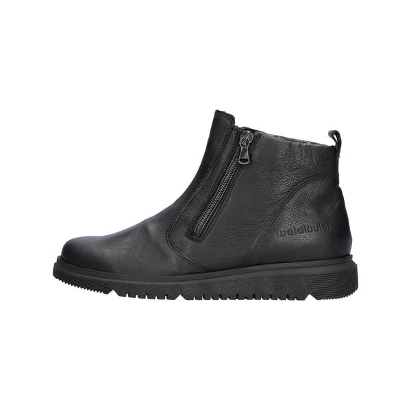 Waldlaufer women's black leather ankle boots with zip closure, wide fit, arch support, and chunky sole.