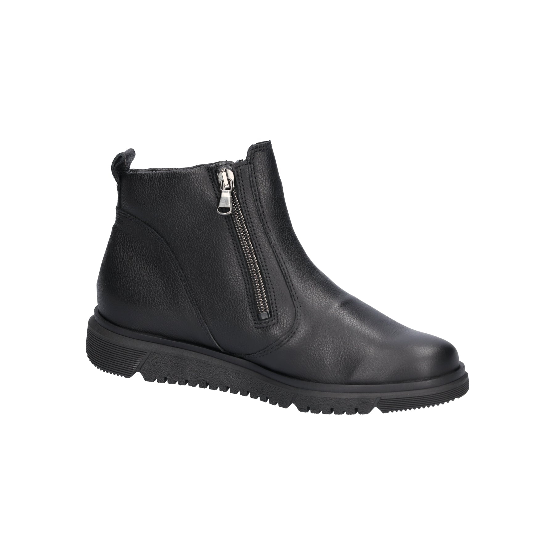 Waldlaufer 794801 139 001 H-Gesa women's black leather ankle boots with side zipper, arch support, wide fit, and rubber sole.