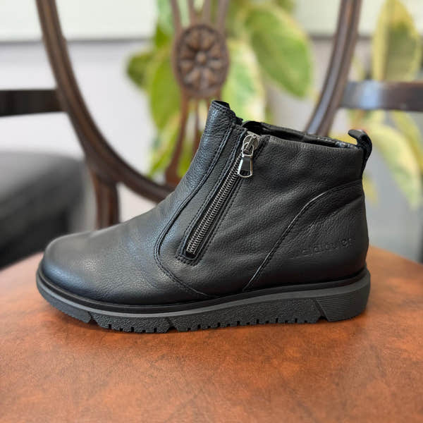 Waldlaufer 794801 139 001 H-Gesa women's black leather ankle boot with side zipper, arch support, and wide fit.