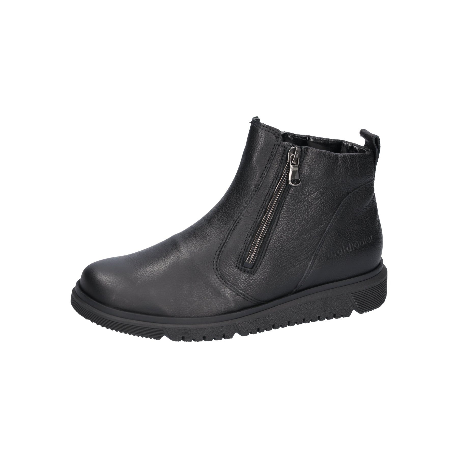 Black leather women's ankle boots with twin zips, arch support, wide fit, and chunky sole.