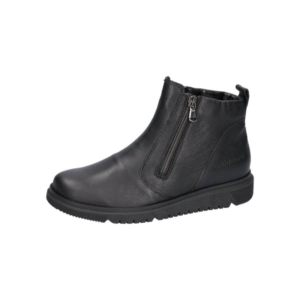 Black leather women's ankle boots with twin zips, arch support, wide fit, and chunky sole.