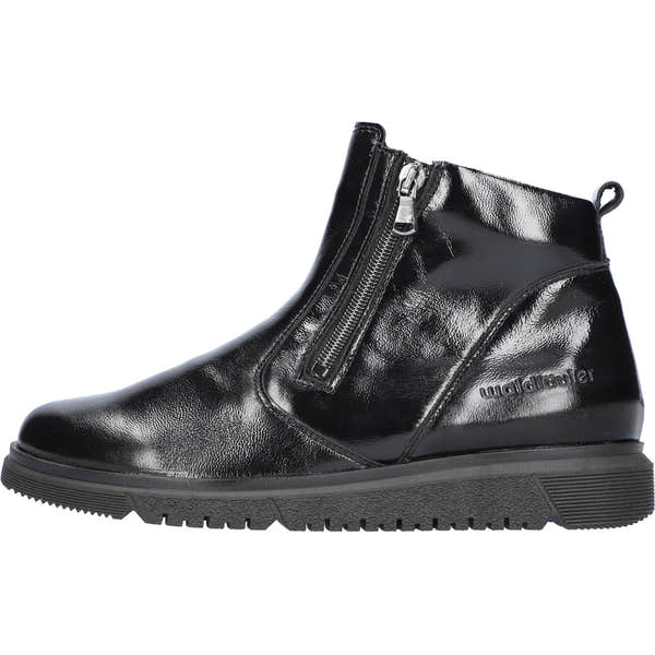 Waldlaufer women's wide fit black patent leather ankle boots with side zipper and arch support, stylish twin zip design.
