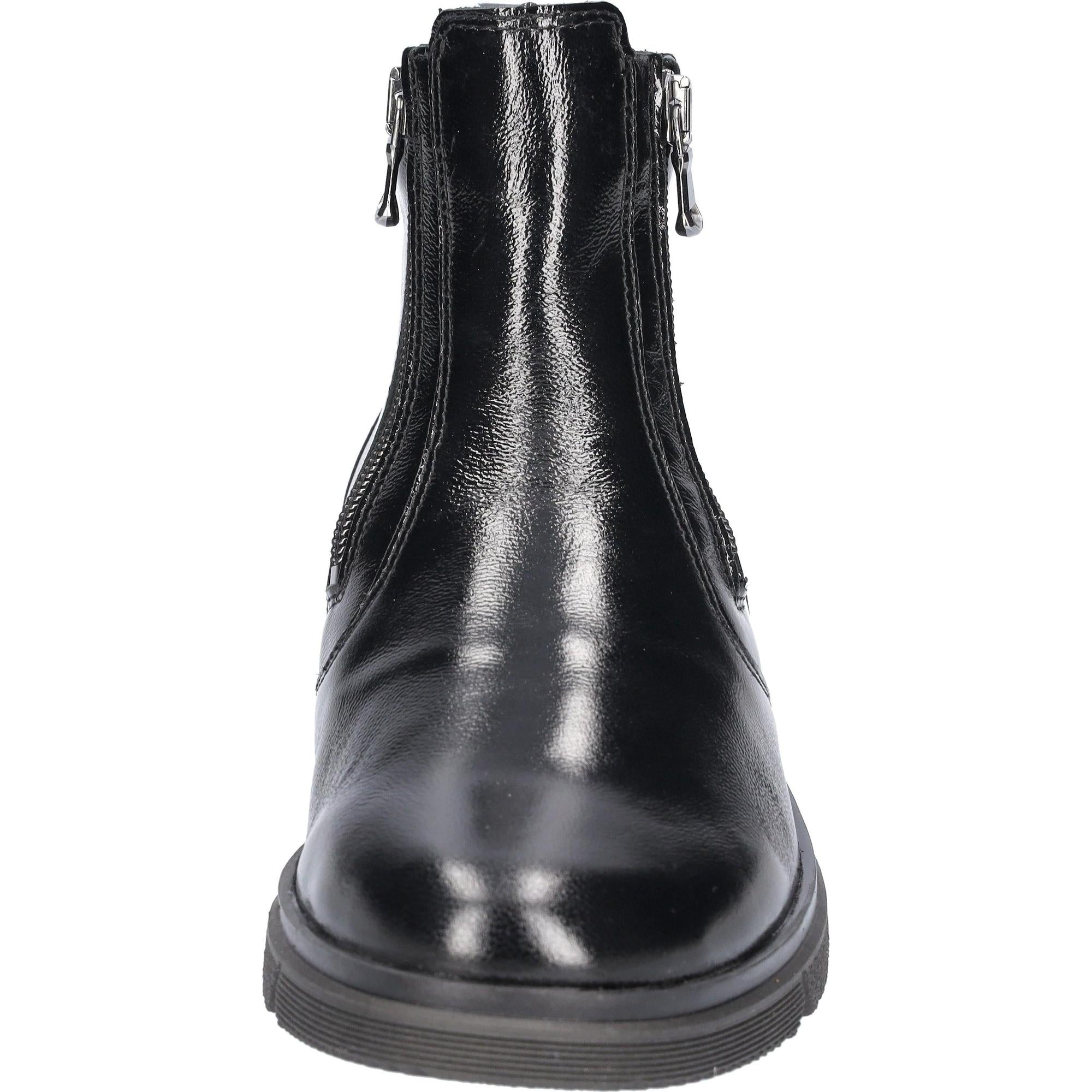 Waldlaufer women's black patent leather ankle boots with twin zippers, arch support, and wide fit, stylish and comfortable.
