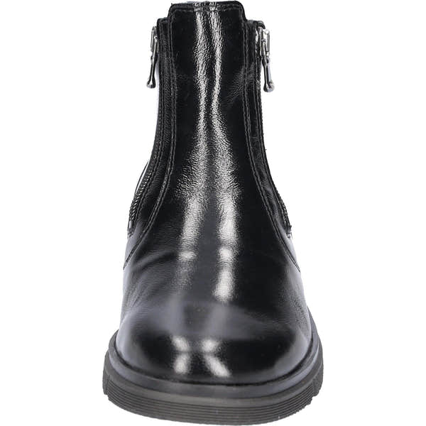 Waldlaufer women's black patent leather ankle boots with twin zippers, arch support, and wide fit, stylish and comfortable.