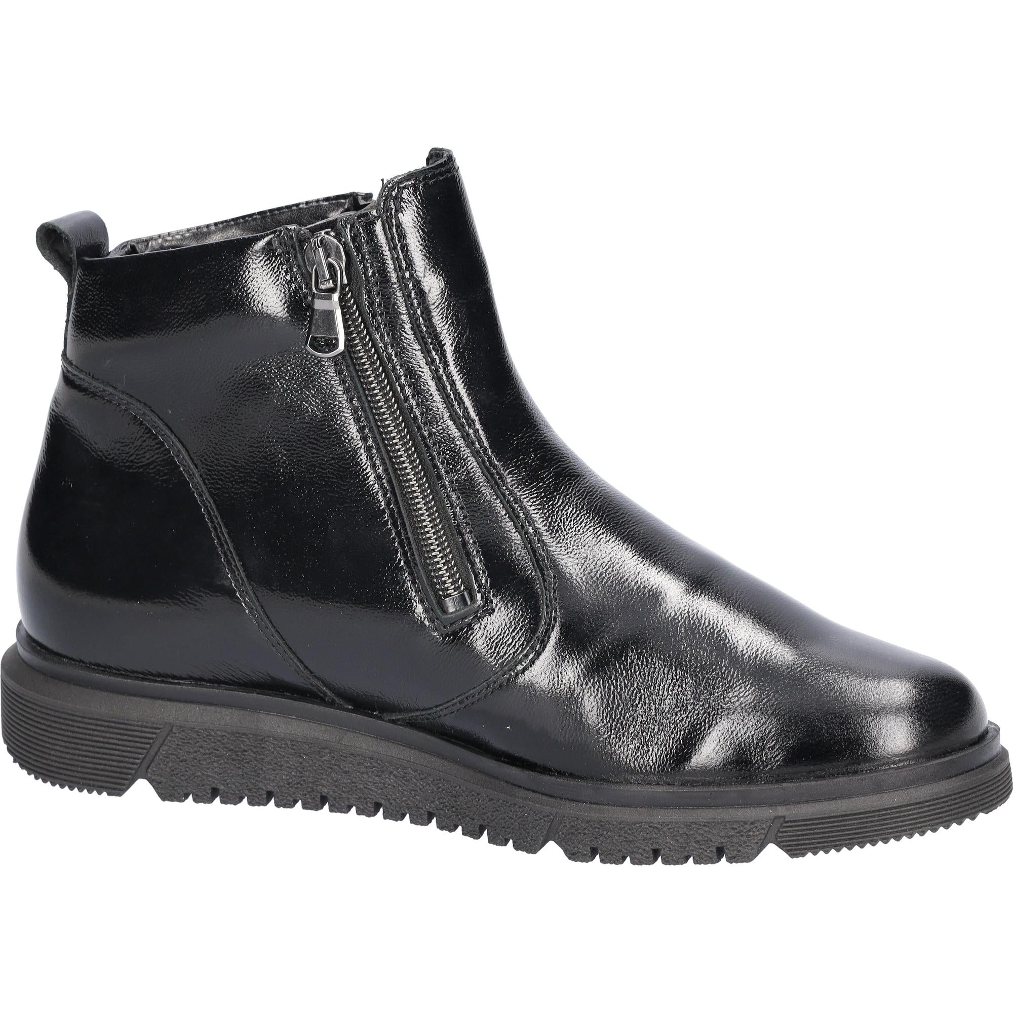 Waldlaufer Ladies Black Patent Leather Ankle Boots with Side Zipper and Arch Support, Wide Fit, Twin Zip Design.