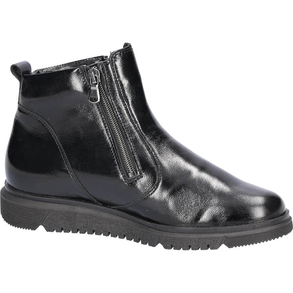 Waldlaufer Ladies Black Patent Leather Ankle Boots with Side Zipper and Arch Support, Wide Fit, Twin Zip Design.