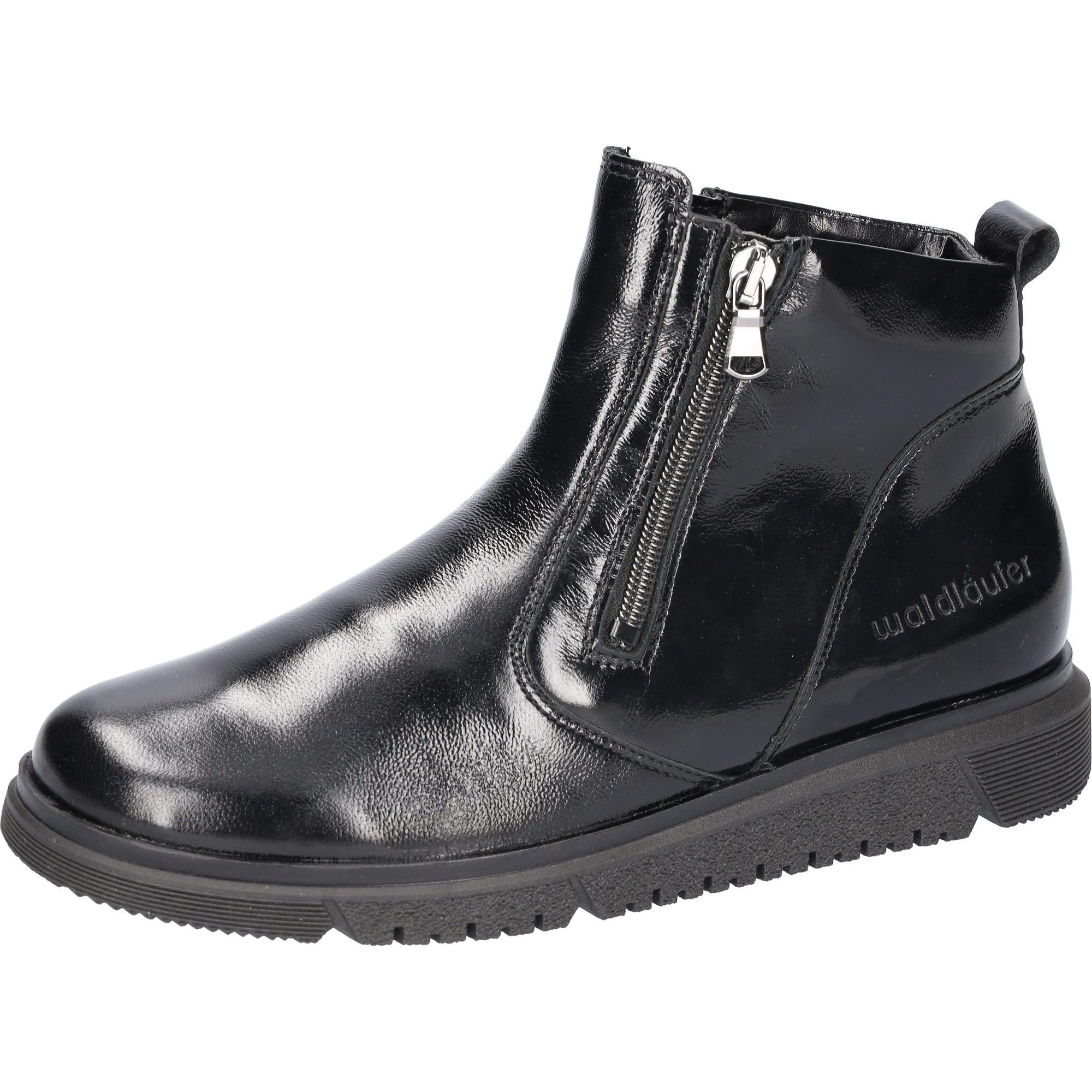 Waldlaufer women's black patent leather ankle boots with twin zippers, arch support, wide fit, and rugged outsole design.