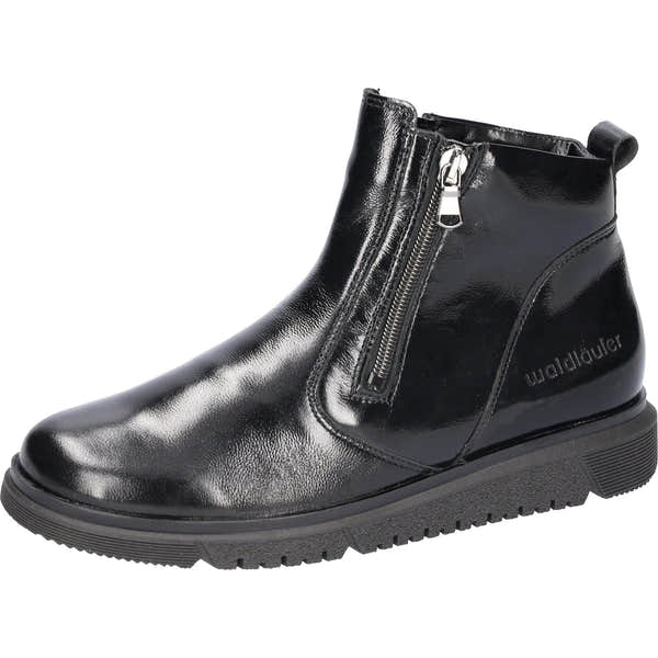 Waldlaufer women's black patent leather ankle boots with twin zippers, arch support, wide fit, and rugged outsole design.