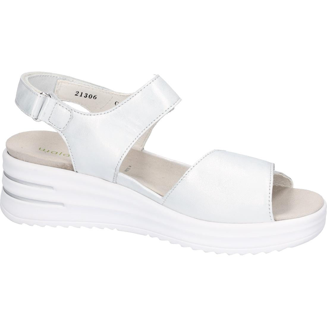 Waldlaufer H-Dina women's wide-fit silver leather sandals with arch support and touch fastening, cushioned footbed, chunky white sole.